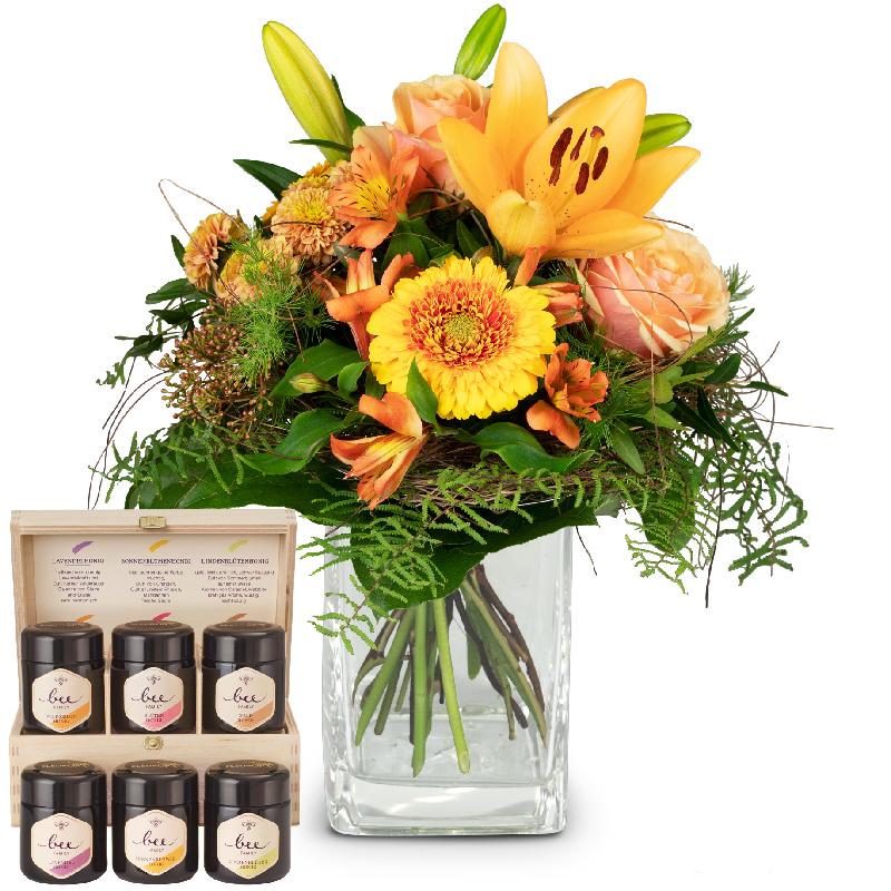 Bouquet de fleurs Wonderful Day with honey gift set