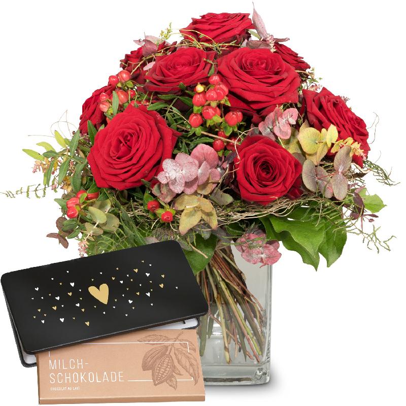 Bouquet de fleurs I Love You with bar of chocolate «Heart»