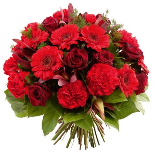 Fleurs deuil Bouquet rond à dominante rouge Deuil POMPES FUNEBRES