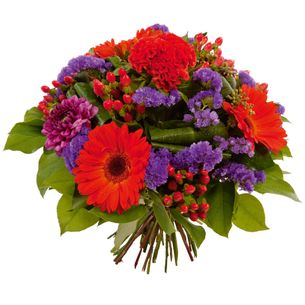 Fleurs deuil Bouquet rond à dominante rouge et violet Deuil POMPES FUNEBRES