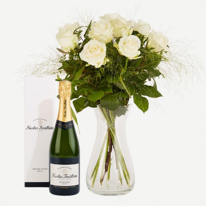 Bouquet de fleurs Elegant white roses with Nicolas Feuillatte Champagne