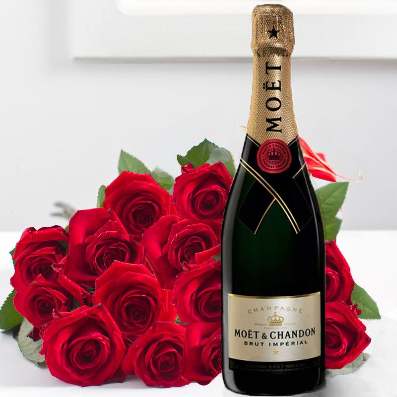 Bouquet de fleurs 15 red roses and Moet and Chandon champagne Bouquet de fleurs 15 red roses and Moet and Chandon champagne