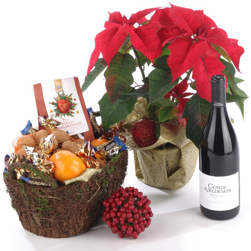 Bouquet de fleurs Poinsettia Plant, red wine and Basket with Sweets