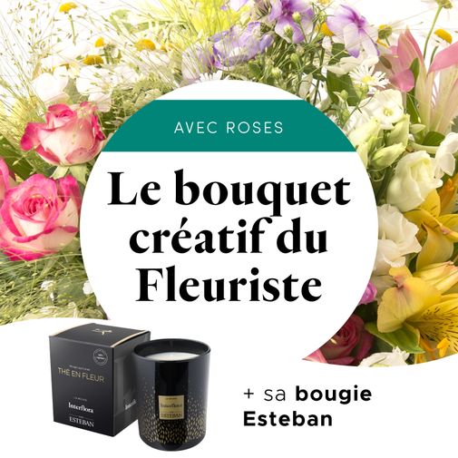 Fleurs et cadeaux Bouquet du fleuriste (avec roses) et sa bougie parfumée