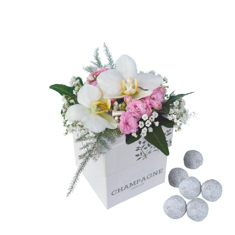 Bouquet de fleurs Decorated champagne truffles, white-pink flowers