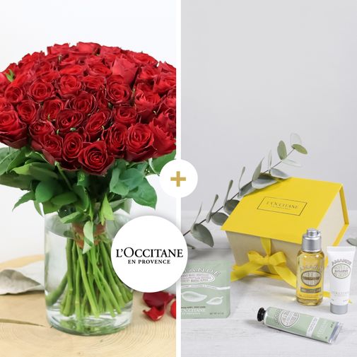 Fleurs et cadeaux Brassée de roses rouges Max Havelaar et son coffret L'Occita