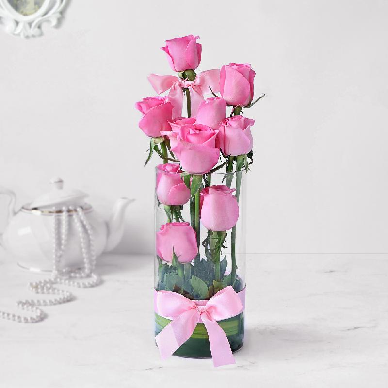 Bouquet de fleurs Exotic 10 Pink Roses in Vase Arrangement