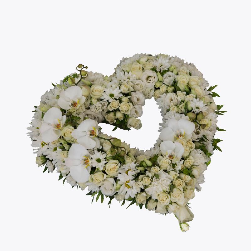 Bouquet de fleurs Funeral Heart (open) with texted ribbon