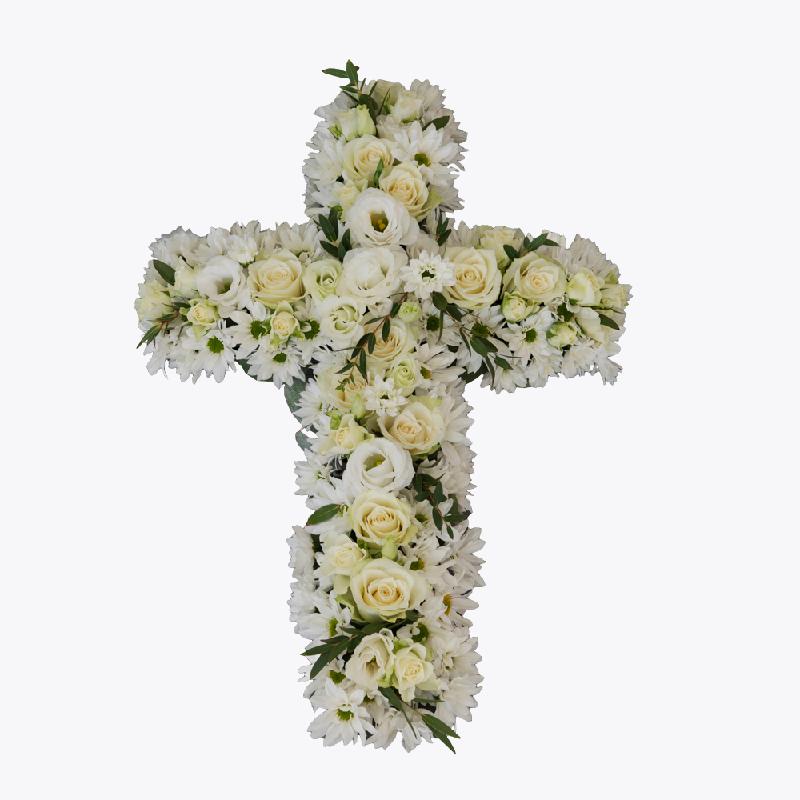 Bouquet de fleurs Funeral Cross with texted ribbon