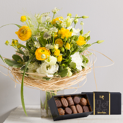 Bouquet de fleurs Nid douillet et son écrin de chocolats