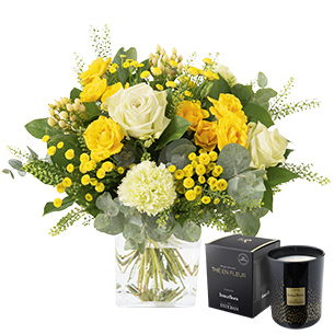 Bouquet de fleurs Sunshine et sa bougie parfumée Interflora par Esteban Bouquet de fleurs Sunshine et sa bougie parfumée Interflora par Esteban