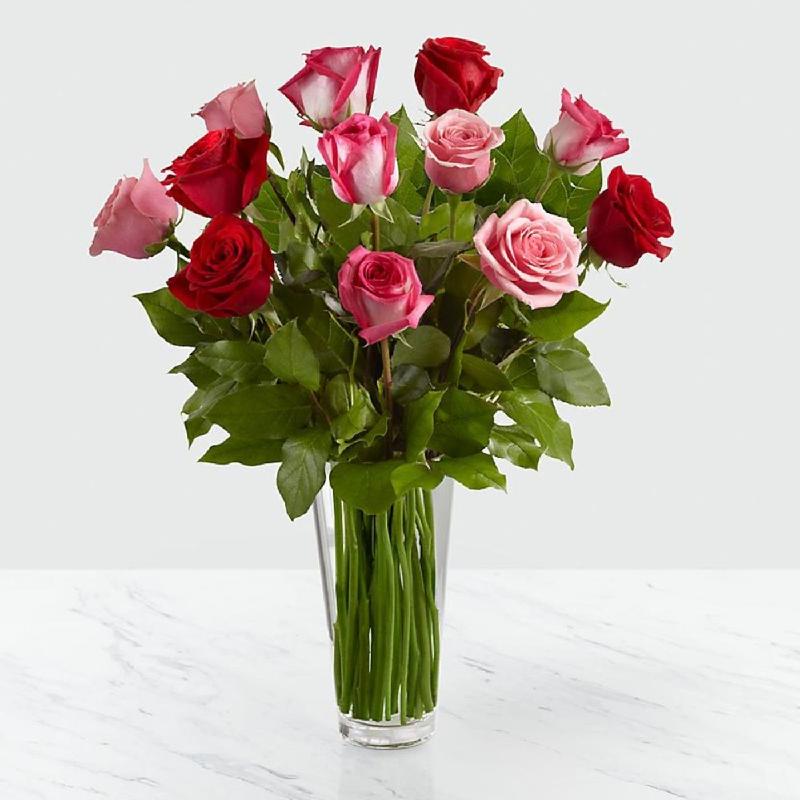 Bouquet de fleurs 12 Red and Pink Roses in Vase