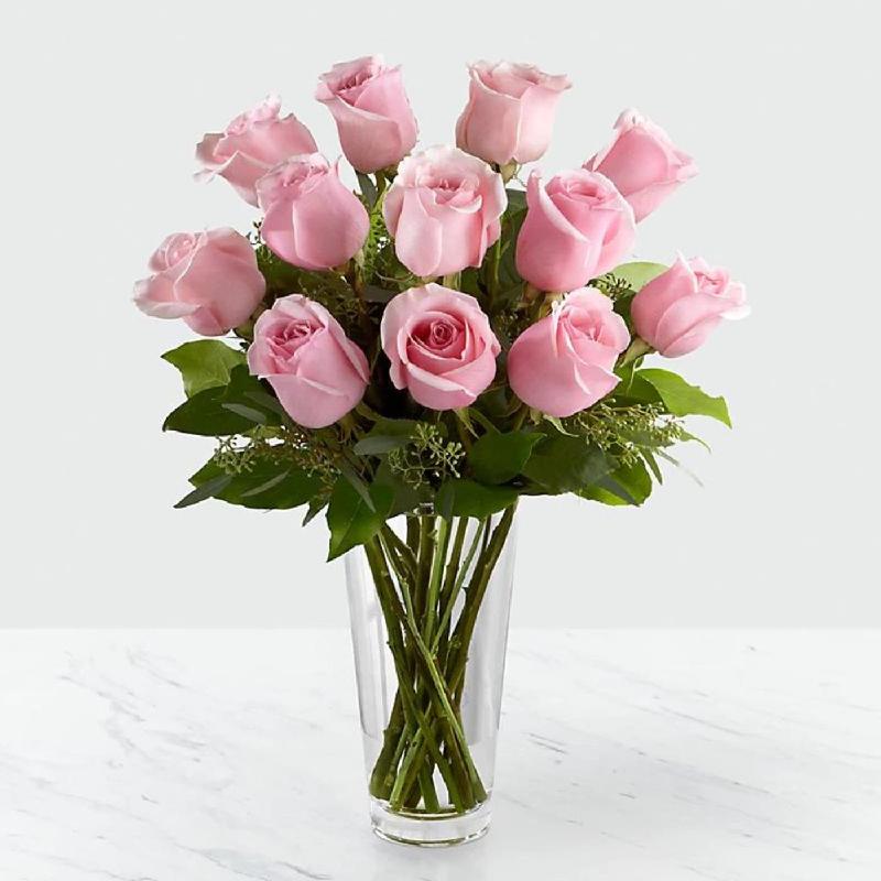 Bouquet de fleurs 12 Pink Roses in Vase